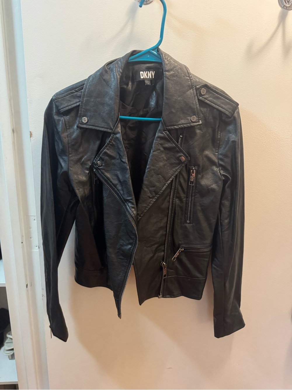 DKNY Black Faux Leather Asymmetrical Moto Jacket